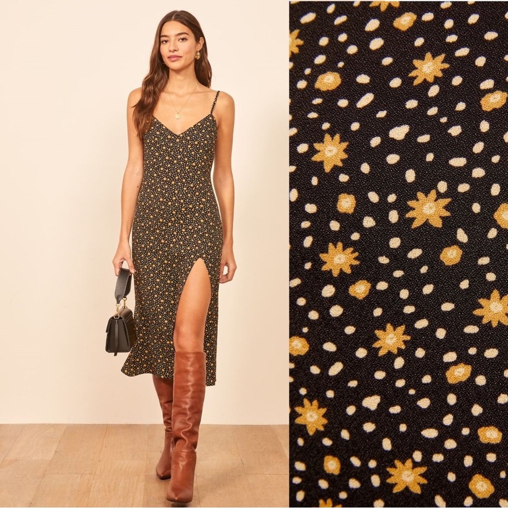 Reformation Crimini Slip Midi Dress Black and Yellow Floral Print